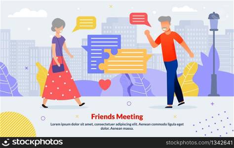 Diverse Elderly Friends Meeting Outdoors Flat Poster. Friendly Smiling Senior Man and Woman Grandparents Greeting. Friendship. Positive Outlook. Secure Social Environment. Vector Cartoon Illustration. Diverse Elderly Friends Meeting Outdoors Poster