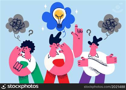 Diverse employees involved in creative thinking brainstorm develop business strategy together. Businesspeople think generate new idea in group. Teamwork, cooperation. Vector illustration. . Employees think together develop business strategy