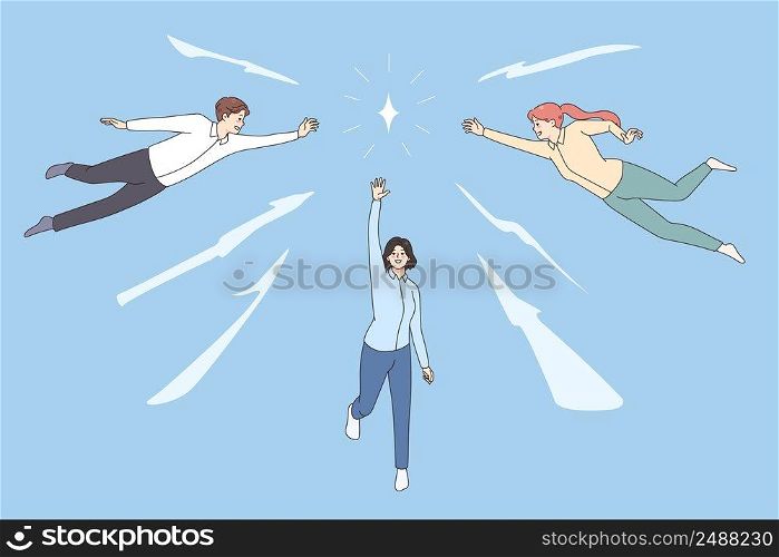 Diverse employees strive to reach control diamond, achieve career goals or aims. Concept of businesspeople teamwork for opportunities seizing and motivation. Flat vector illustration. . Employees work together control diamond