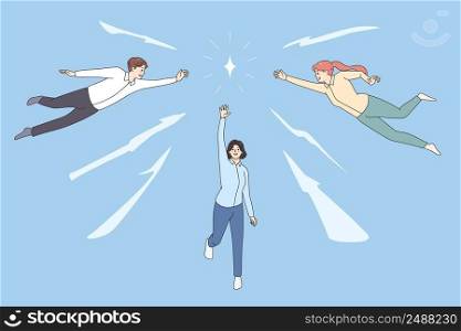 Diverse employees strive to reach control diamond, achieve career goals or aims. Concept of businesspeople teamwork for opportunities seizing and motivation. Flat vector illustration. . Employees work together control diamond