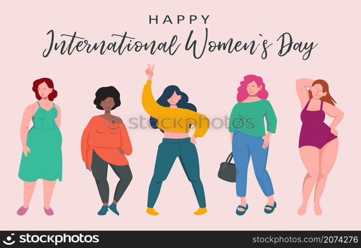 Diverse female characters. International womens day background, young girls feminist vector concept. Illustration female international, feminism sisterhood. Diverse female characters. International womens day background, young girls feminist vector concept