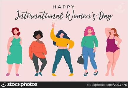 Diverse female characters. International womens day background, young girls feminist vector concept. Illustration female international, feminism sisterhood. Diverse female characters. International womens day background, young girls feminist vector concept