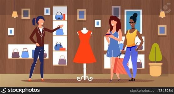 Diverse Female Friends Shopping at Clothing Boutique. Friendly Smiling Saleswoman Greeting Shoppers. Afro American and Caucasian Woman Purchasing with Credit Card. Vector Flat Cartoon Illustration. Diverse Female Friends Shopping at Clothing Store