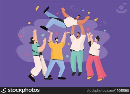 Diverse friends have fun celebrate birthday throw person up in air. Smiling happy people have business success celebration, goal victory achievement. Party, win concept. Vector illustration. . Diverse people throw person in air celebrating