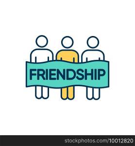 Diverse friendships RGB color icon. Cross-group relationships. Reducing prejudice. Friendly social connections. Mutual affection state between people. Trust and support. Isolated vector illustration. Diverse friendships RGB color icon