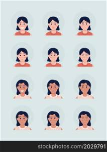 Diverse girls face expressions semi flat color vector character avatar set. Portrait from front view. Isolated modern cartoon style illustration for graphic design and animation pack. Diverse girls face expressions semi flat color vector character avatar set
