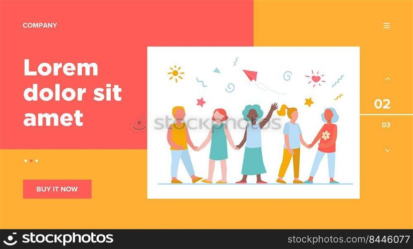 Diverse group of children in kindergarten. Team of African American, Asian, Caucasian boys and girls standing together. Vector illustration for international school, classmates, friendship concept