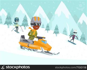 Diverse group of happy multicultural people driving snowmobile, skiing and snowboarding in winter mountains. Recreation on nature, winter holiday, winter sports concept. Vector cartoon illustration.. Young african-american man driving snowmobile.