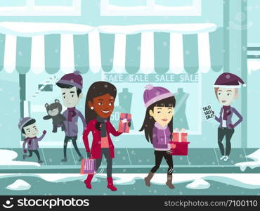 Diverse group of multiracial cheerful people walking with christmas presents on the background of shop with sale. Young people during Christmas shopping. Christmas concept. Vector cartoon illustration. Young multiracial people during Christmas shopping