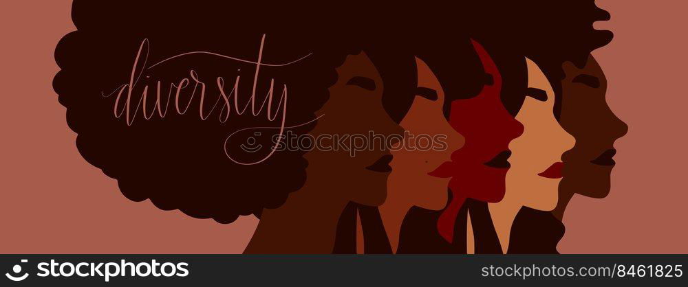 Diverse group of women illustration. Diversity and equality concept vector. Handwritten lettering. Diverse group of women illustration. Diversity and equality concept. Handwritten lettering