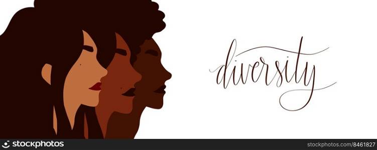 Diverse group of women illustration. Diversity and equality concept vector. Handwritten lettering. Diverse group of women illustration. Diversity and equality concept. Handwritten lettering