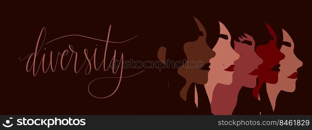 Diverse group of women illustration. Diversity and equality concept vector. Handwritten lettering. Diverse group of women illustration. Diversity and equality concept. Handwritten lettering