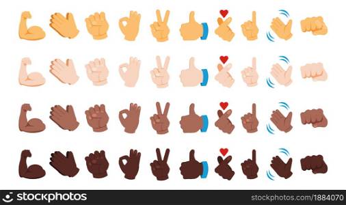 Diverse hand emoji. Various skin color social gestures. Black yellow and white thumb up signs. Waving and praying arms emoticons. Peace or OK palm icons. Vector isolated messenger chatting symbols set. Diverse hand emoji. Various skin color gestures. Black yellow and white thumb up signs. Waving and praying arms emoticons. Peace or OK palm icons. Vector messenger chatting symbols set