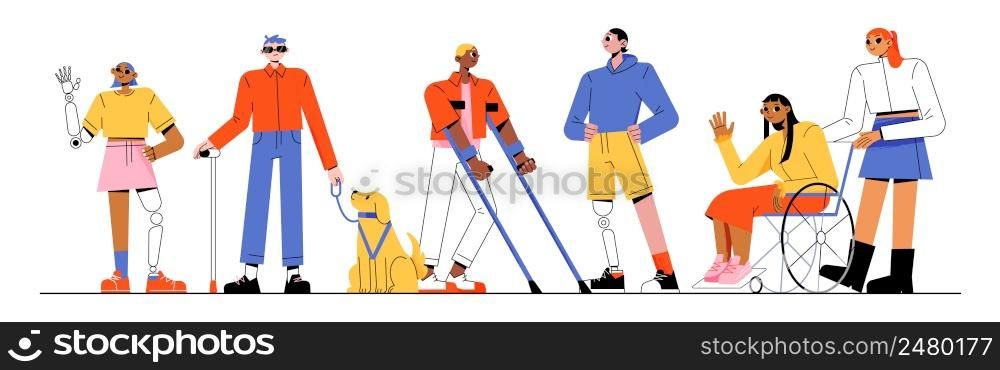 Diverse handicap people group, disability concept. Disabled character on wheelchair, man on crutches, woman with leg prosthesis, blind guy with stick and guide dog, Linear flat vector illustration. Diverse handicap people group, disability concept