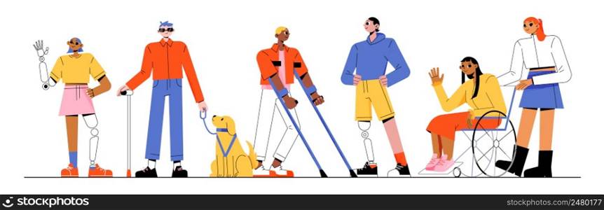 Diverse handicap people group, disability concept. Disabled character on wheelchair, man on crutches, woman with leg prosthesis, blind guy with stick and guide dog, Linear flat vector illustration. Diverse handicap people group, disability concept