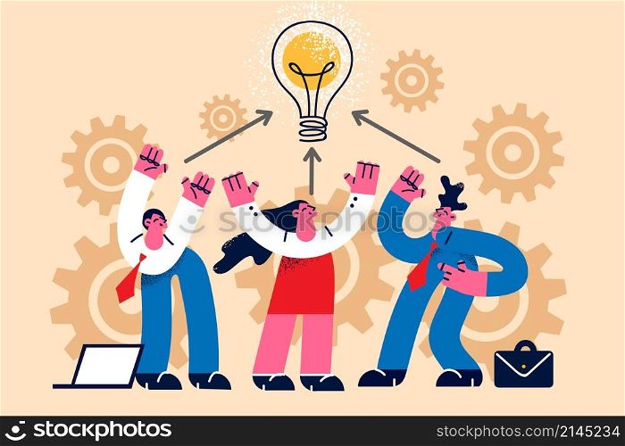 Diverse happy businesspeople brainstorm generate creative business idea together. Smiling employees or colleagues think develop startup or project. Innovation, teamwork. Vector illustration. . Diverse businesspeople generate innovative business idea
