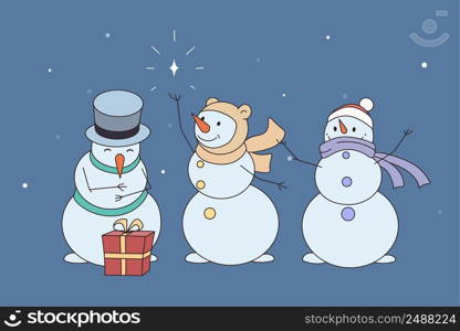 Diverse happy snowmen in hats and scarves congratulate with New Year holidays. Smiling snow men for winter celebration. Merry Christmas concept. Flat vector illustration. . Happy snowmen in hats for happy new year holidays 