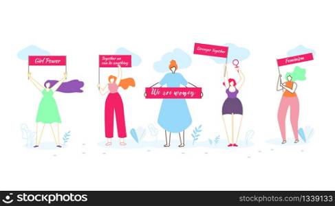 Diverse International and Interracial Group of Girls Stand in Row with Big Banners in Hands on Nature Background. Female Power, Feminine, Feminism, Woman Empowerment Cartoon Flat Vector Illustration. Diverse Interracial Group of Girls Stand in Row