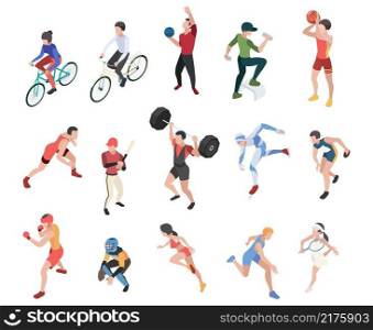 Diverse isometric sport characters. Runner, tennis player, basketball sportsmen. People ride bike, baseball play vector collection. Isometric people sport, isometry man and woman illustration. Diverse isometric sport characters. Runner, tennis player, basketball sportsmen. People ride bike, baseball play vector collection