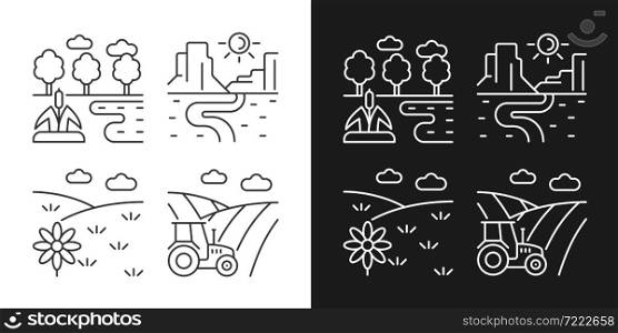 Diverse land types linear icons set for dark and light mode. Cultivable and barren soil. Agricultural industry. Customizable thin line symbols. Isolated vector outline illustrations. Editable stroke. Diverse land types linear icons set for dark and light mode