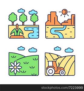 Diverse land types RGB color icons set. Cultivable and barren soil. Plant growing climate condition. Isolated vector illustrations. Simple filled line drawings collection. Editable stroke. Diverse land types RGB color icons set