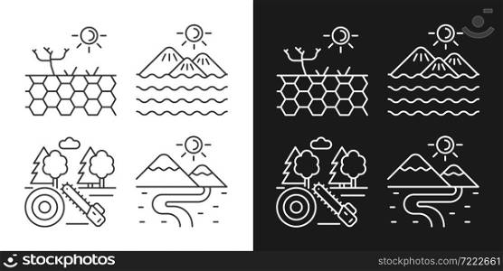Diverse landforms linear icons set for dark and light mode. Barren and working ground. Forest cutting industry. Customizable thin line symbols. Isolated vector outline illustrations. Editable stroke. Diverse landforms linear icons set for dark and light mode