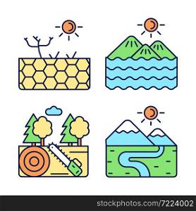 Diverse landforms RGB color icons set. Barren and working ground. Forest cutting industry. Land types. Isolated vector illustrations. Simple filled line drawings collection. Editable stroke. Diverse landforms RGB color icons set