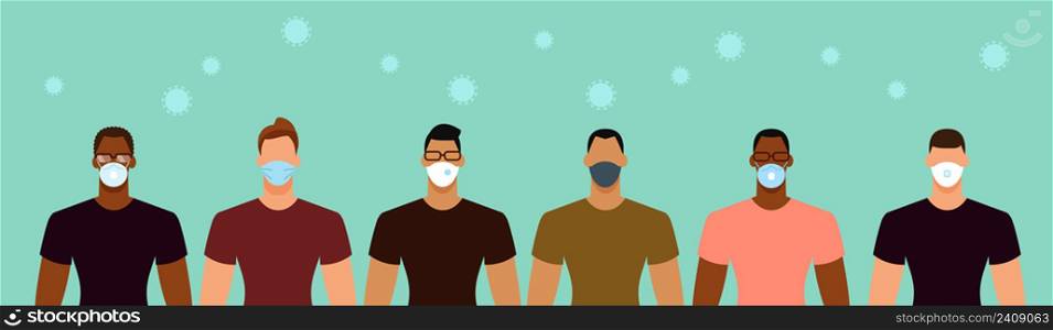 Diverse men group in protective face masks during the epidemic. Social distance, quarantine concept. Flat design vector illustration.