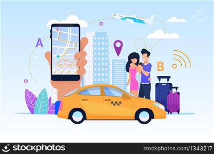 Diverse Modern Fleet maximizes List Services. Vector Illustration. Taxi Bonus Program. Convenient mode Operation makes Possible Order Car any Time Day. Transportation Customer safety and Comfort.