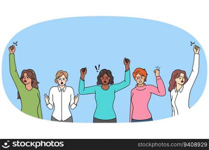 Diverse multiethnic women on demonstration against gender discrimination. Determined multiracial females strike for equal rights. Flat vector illustration.. Multiethnic women on demonstration again gender demonstration