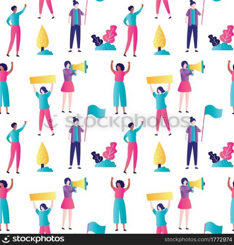 Diverse multinational womens with placards on protest or rally. Girl Power seamless pattern. Feminine and feminism, woman empowerment ideas. International women day, 8 march. Flat vector illustration. Diverse multinational womens with placards on protest or rally. Girl Power seamless pattern
