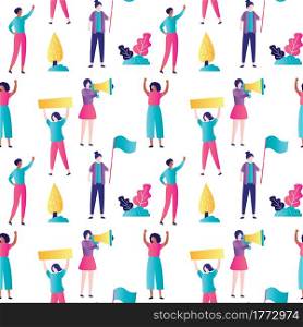 Diverse multinational womens with placards on protest or rally. Girl Power seamless pattern. Feminine and feminism, woman empowerment ideas. International women day, 8 march. Flat vector illustration. Diverse multinational womens with placards on protest or rally. Girl Power seamless pattern