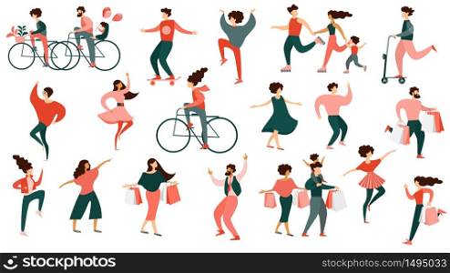 Diverse Multiracial Man and Woman Characters in Festive Clothes Dancing, Riding Bicycle, Shopping Spare Time, Happy Family Lifestyle Isolated on White Background Set Cartoon Flat Vector Illustration. Diverse Multiracial Man and Woman Characters Set
