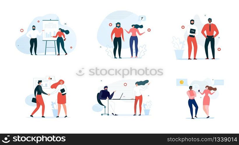 Diverse Multiracial People Formal and Informal Conversation Set. Male and Female Cartoon Characters Communicate in Office, on Street, at Coffee Break. Business Negotiation. Vector Flat Illustration. People Formal and Informal Having Conversation Set