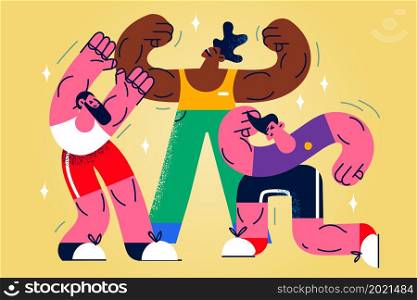 Diverse muscular athletes or sportsmen in sportswear show good physical shape in gym or on competition. Powerlifters or bodybuilders demonstrate body. Nutrition, sport concept. Vector illustration. . Diverse muscular athletes show good physical shape