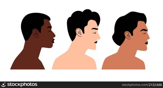 Diverse nations profiles. Cartoon persons of different nationalities and colors, vector illustration of face portrait of men without clothes isolated on white background. Diverse nations profiles. Cartoon persons of different nationalities and colors, vector illustration of face portrait of men without clothes isolated on white