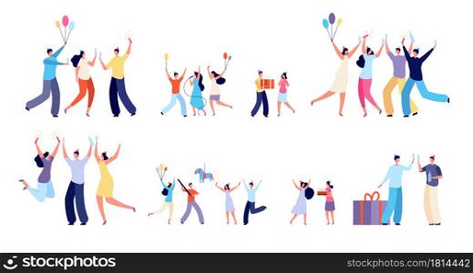 Diverse party characters. Fun festival people, laughing dance jumping young woman man. Isolated flat birthday children fest utter vector set. Illustration party diversity, woman and man together. Diverse party characters. Fun festival people, laughing dance jumping young woman man. Isolated flat birthday children fest utter vector set