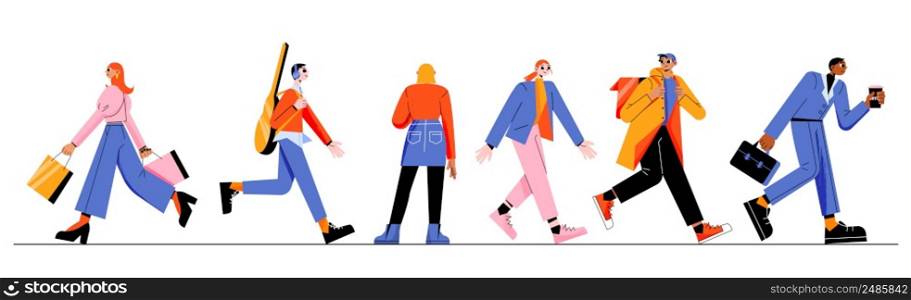 Diverse passerby people walk, courier deliver order, businessman with coffee cup, schoolgirl or student, teenager in headset with guitar woman with shopping bags, Line art flat vector illustration. Diverse passerby people walk, dwellers lifestyle