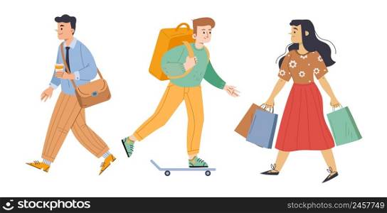 Diverse passerby people walk on city street, student teenager with backpack riding on skateboard, businessman with briefcase, young woman with shopping bags, isolated Line art flat vector illustration. Diverse passerby people walk on city street vector
