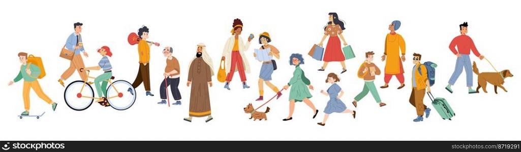 Diverse pedestrian walk, passerby people tourist with bag, businessman, teenager, student or schoolgirl, senior and young characters, arab, men and women dwellers Line art flat vector illustration. Diverse pedestrian walk, passerby people on go