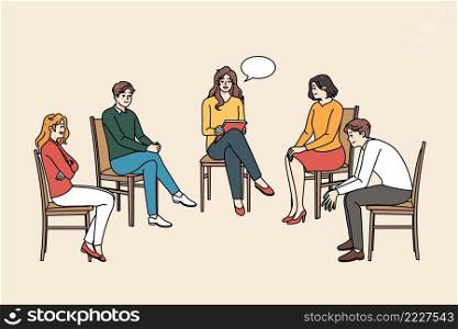 Diverse people at counseling session with female psychotherapist in office. Men and women at group psychological meeting with counselor or psychologist. Flat vector illustration. . Diverse people at group counseling session with psychotherapist 