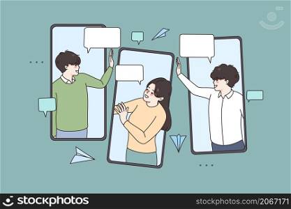 Diverse people communicate online on cellphone text message on internet. Happy teenager friends engaged in web communication on smartphone. Technology concept. Flat vector illustration. . People communicate text online on cellphone devices