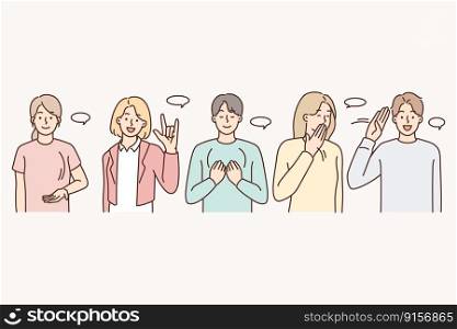 Diverse people communicate using sign language. Smiling men and women communication with gestures and symbols. Disability concept. Vector illustration. . Diverse people communicate using sign language 