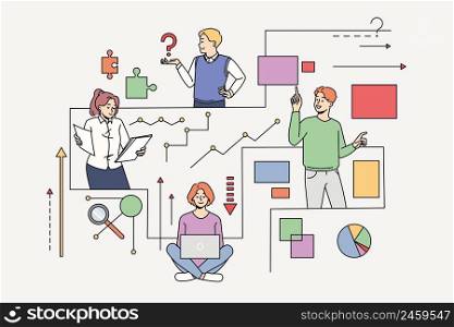 Diverse people connected in network looking for information or problem solution. Men and women employees cooperate for issue or trouble solving. Teamwork. Vector illustration. . People connected in network look for information