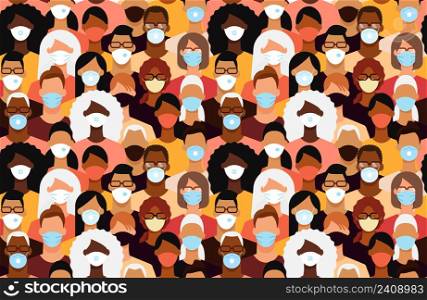 Diverse people crowd in face masks during the epidemic. Seamless tile pattern. Flat design vector illustration.