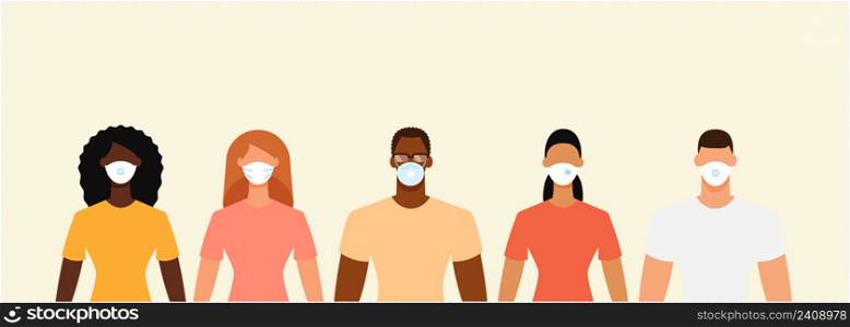 Diverse people crowd in protective face masks during the epidemic. Social distance, quarantine concept. Flat design vector illustration.