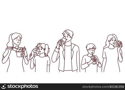 Diverse people eating different food. Happy adults and children enjoy tasty products. Nutrition and diet. Vector illustration. . People eating different food