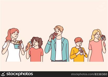 Diverse people eating different food. Happy adults and children enjoy tasty products. Nutrition and diet. Vector illustration. . People eating different food