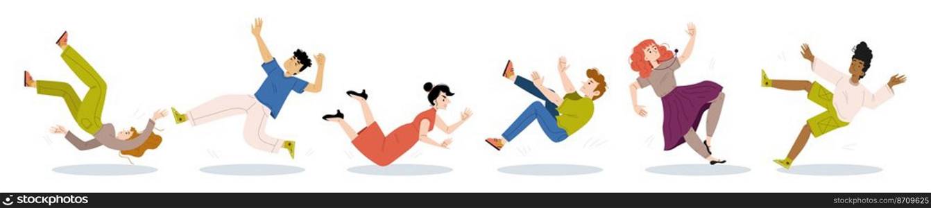 Diverse people fall, fly down. Vector flat illustration of characters tumble after slip or stumble with injury risk. Men and women drop isolated on white background. Diverse people fall, fly down