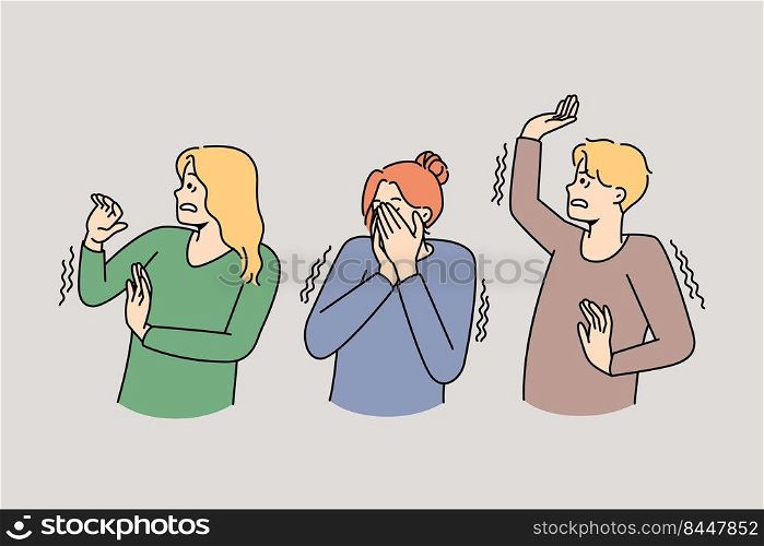 Diverse people feeling frightened and terrified suffer from anxiety. Men and women in panic. Phobia concept. Vector illustration.. People in panic feeling terrified